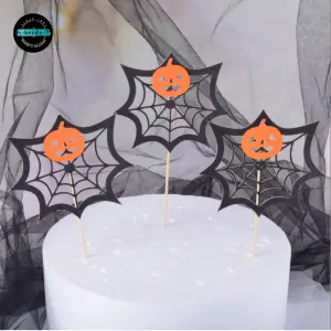 3 pcs Spider Web Cake Insert Card Decoration,with Bamboo Stick,for Halloween Cake Decoration,Black,164mm