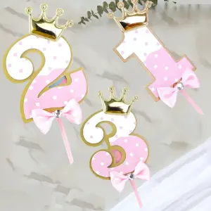 Paper Cake Topper,Number Design Crown & Bow Decor Cake Top Decoration For Party