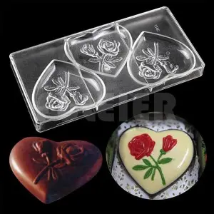 Polcarbonate 3 cavity heart with rose chocolate mould