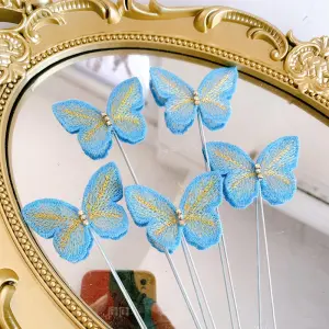 5 pcs fabric blue studded butterfly topper with floral wires