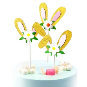 3 pcs Golden Easter Bunny Ears Cake Topper Decoration