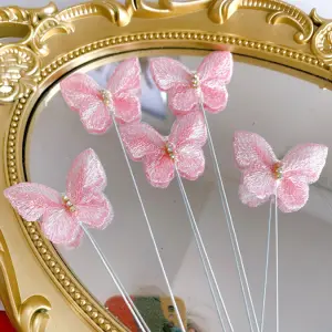 5 pcs fabric pink studded butterfly topper with floral wires