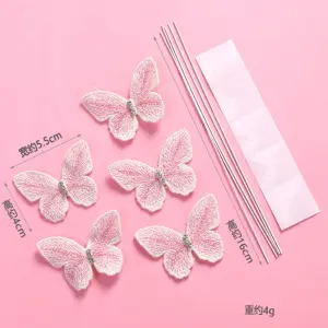 5 pcs fabric light pink studded butterfly topper with floral wires